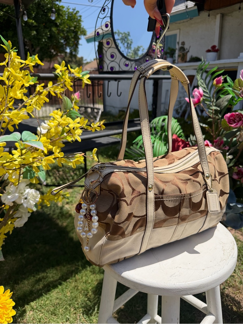 Coach Khaki/Beige Signature Canvas Shoulder Bag with Pearl Charm - Picture 9 of 10